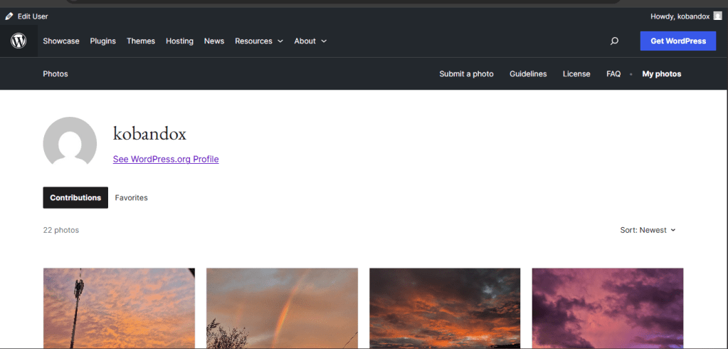 Perfil de usuario de WordPress con la foto de perfil en la parte superior, secciones de 'Contribuciones' y 'Favoritos' visibles, mostrando 22 fotos.