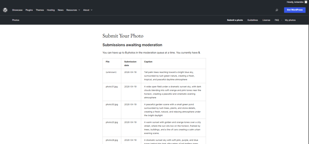 Interfaz de envío de fotos, mostrando una tabla con archivos, fechas de envío y descripciones de imágenes pendientes de moderación.